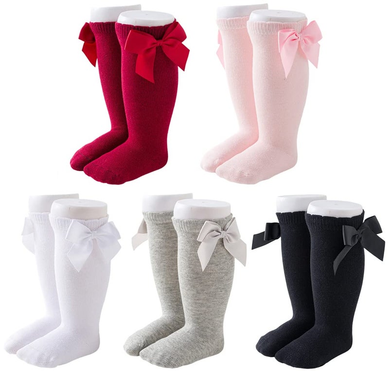 QandSweet Baby Girl Knee-High Socks Toddlers Bow Stockings Newborn Infant Sock (1-3Years, Solid Colors) - Image 1